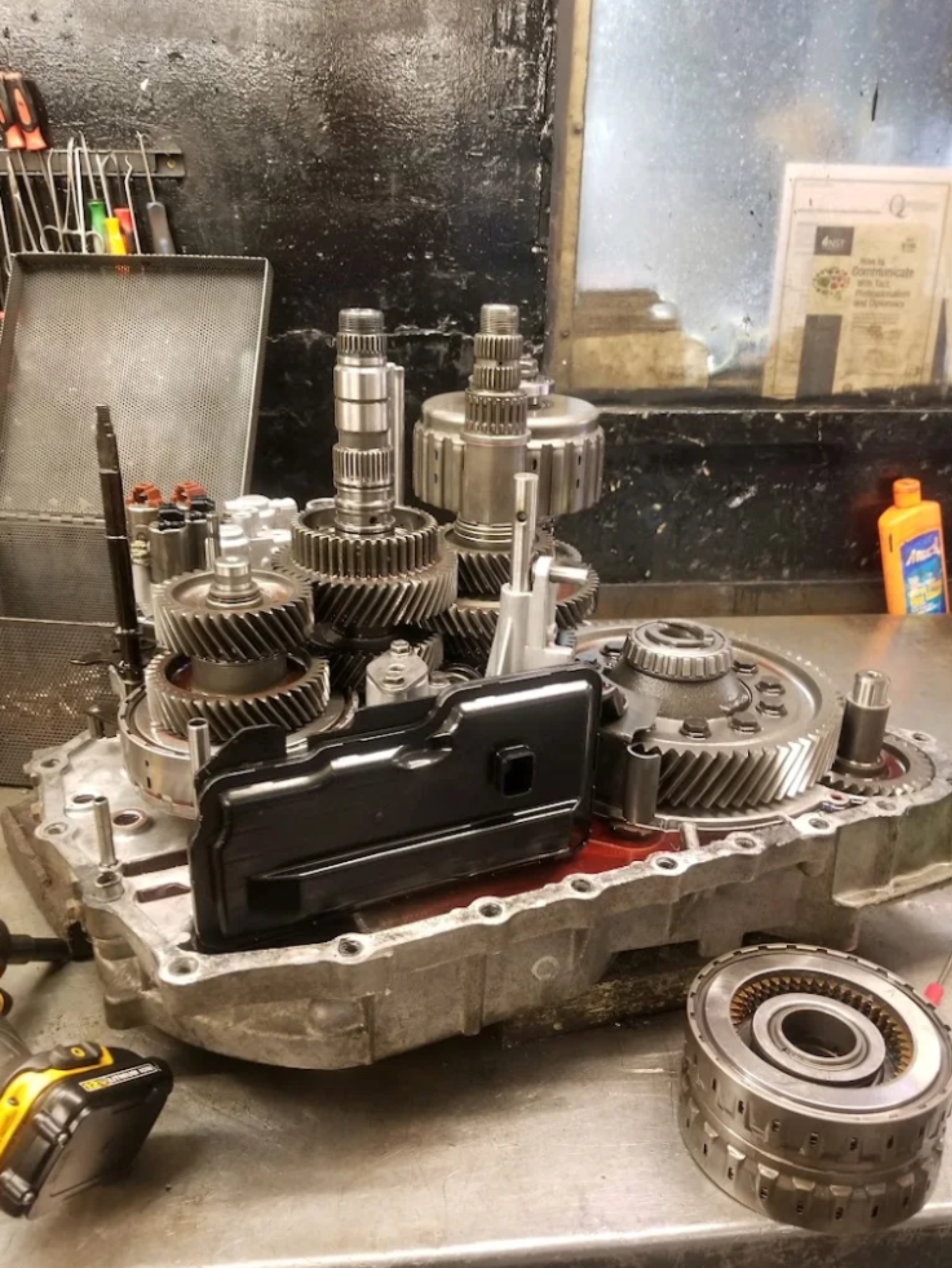 Transmission parts on a workbench